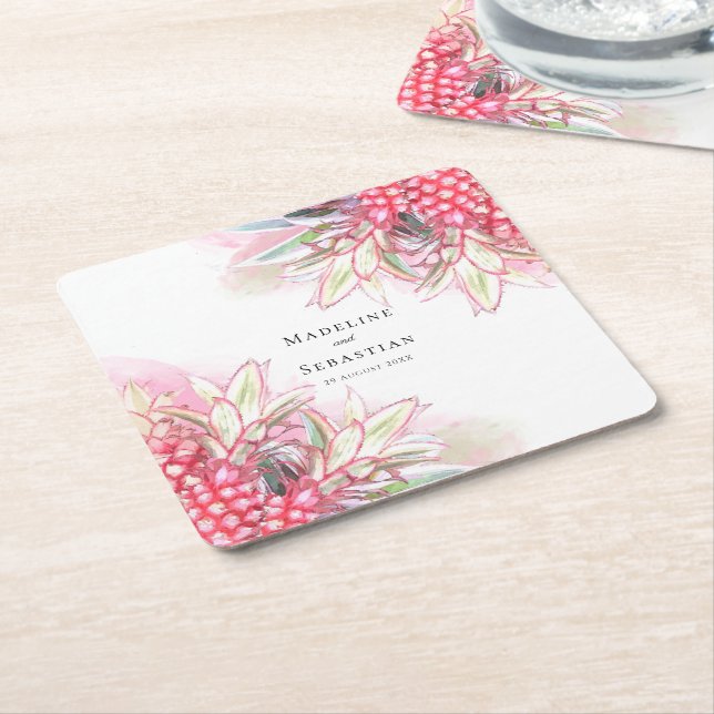Dessous De Verre Carré Ananas rose exotique Mariage (Incliné)