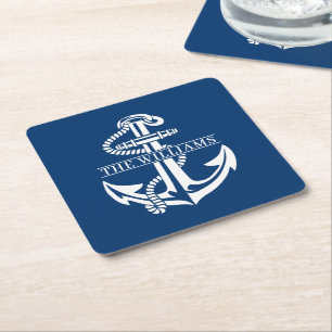 Dessous De Verre Carré Ancre marine blanche en été sur bleu marine