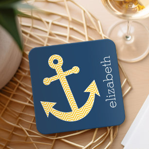Dessous De Verre Carré Ancre nautique avec Motif Navy Jaune Chevron