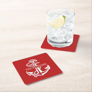 Dessous De Verre Carré Ancre Nautique Blanc D'Été Personnalisé Sur Rouge 