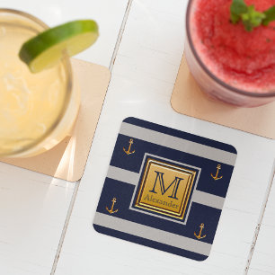 Dessous De Verre Carré Ancre nautique moderne Blue Gold Grey Monogramme