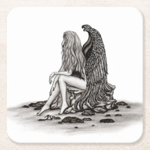 Dessous De Verre Carré Angel, perdu dans la pensée, noir et blanc Design