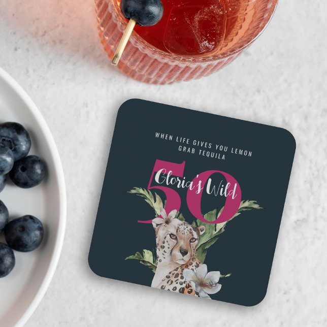Dessous De Verre Carré Animaux léopards sauvages rose 50e anniversaire (Créateur téléchargé)