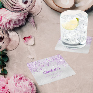 Dessous De Verre Carré Anniversaire argent violet parties scintillant mon