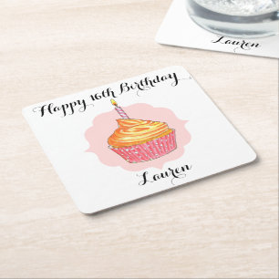 Dessous De Verre Carré Anniversaire Cupcake rose Personnalisé