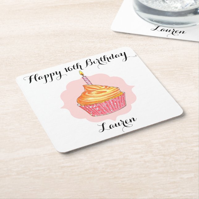 Dessous De Verre Carré Anniversaire Cupcake rose Personnalisé (Incliné)