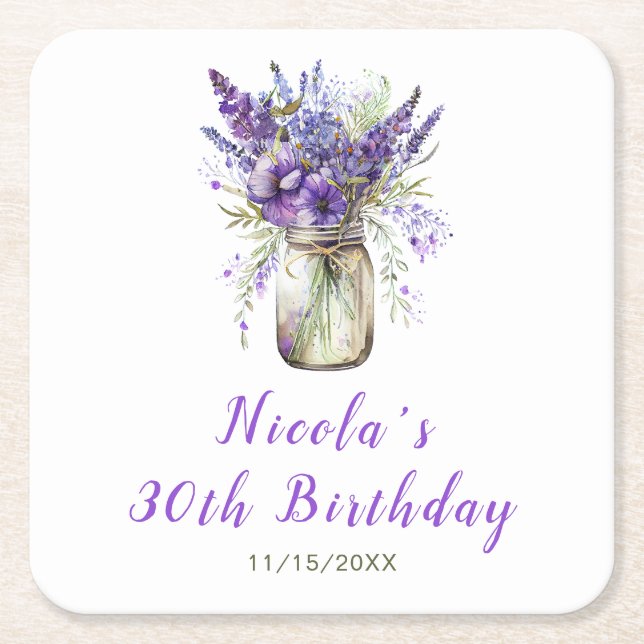 Dessous De Verre Carré Anniversaire de Lavender Mason Jar (Devant)