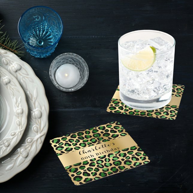 Dessous De Verre Carré Anniversaire de léopard vert émeraude (Créateur téléchargé)