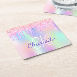 Dessous De Verre Carré Anniversaire holographique rose violet gouttes