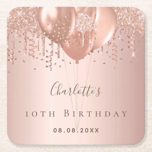 Dessous De Verre Carré Anniversaire rose or parties scintillant ballons m (Devant)