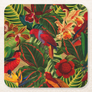 Dessous De Verre Carré Antique Tropical Parrots Jungle Motif