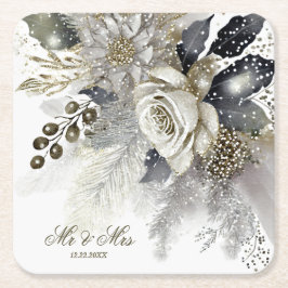 Dessous De Verre Carré Aquarelle Argent Golden White Roses Fleurs