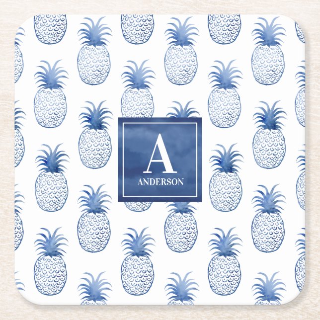 Dessous De Verre Carré Aquarelle bleu clair monogramme Aiguille tropicale (Devant)