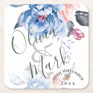 Dessous De Verre Carré Aquarelle Bleu Floral Joli Mariage Script