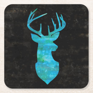 Dessous De Verre Carré Aquarelle bleue Cerf Silhouette