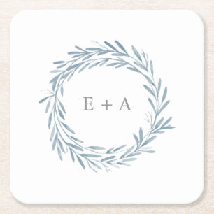Dessous De Verre Carré Aquarelle bleue Wreath Monogramme Mariage Faveur