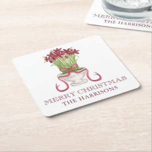Dessous De Verre Carré Aquarelle Bourgogne Amaryllis Noël