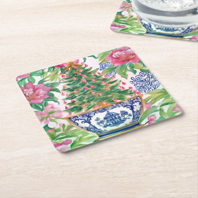Dessous De Verre Carré Aquarelle Chinoiserie Arbre de Noël (Incliné)