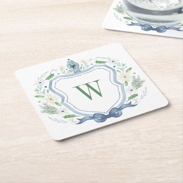 Dessous De Verre Carré Aquarelle Chinoiserie Ginger Jar Monogram Crest (Incliné)