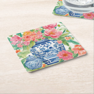 Dessous De Verre Carré Aquarelle Chinoiserie Ginger Jar of Flowers