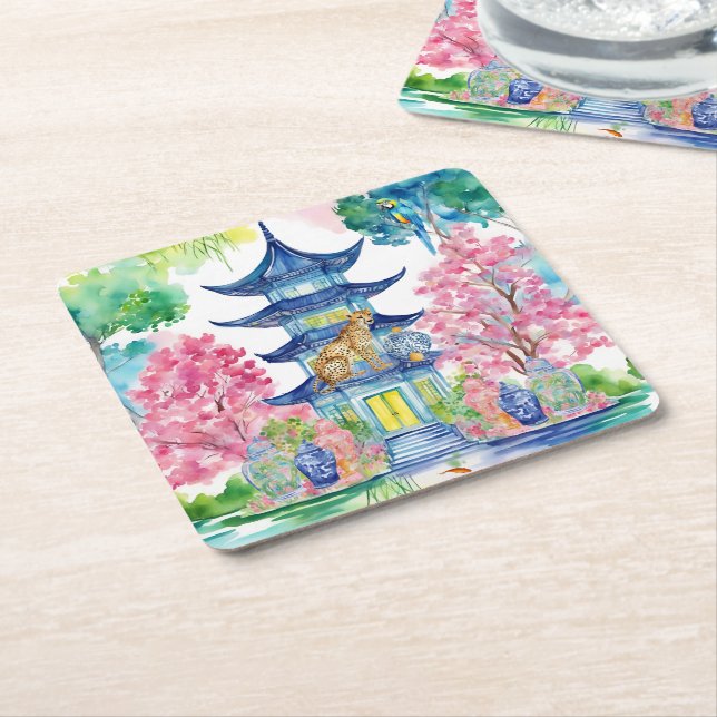 Dessous De Verre Carré Aquarelle Chinoiserie Pagoda Cheetah Ginger Jar (Incliné)