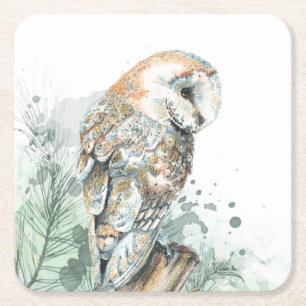 Dessous De Verre Carré Aquarelle Chouette Oiseau Faune Nature Art