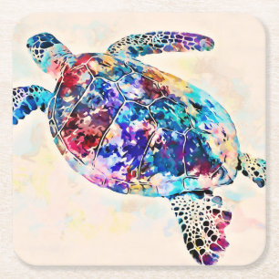Dessous De Verre Carré Aquarelle de la tortue de mer d'Hawaï