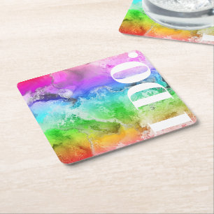 Dessous De Verre Carré Aquarelle d'encre d'alcool arc-en-ciel