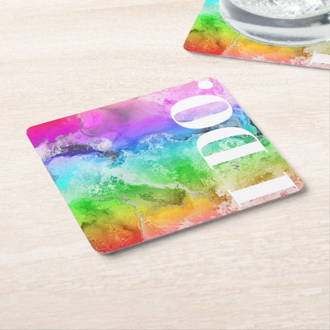 Dessous De Verre Carré Aquarelle d'encre d'alcool arc-en-ciel (Incliné)