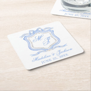 Dessous De Verre Carré Aquarelle Designer Blue Monogram Crest Mariage