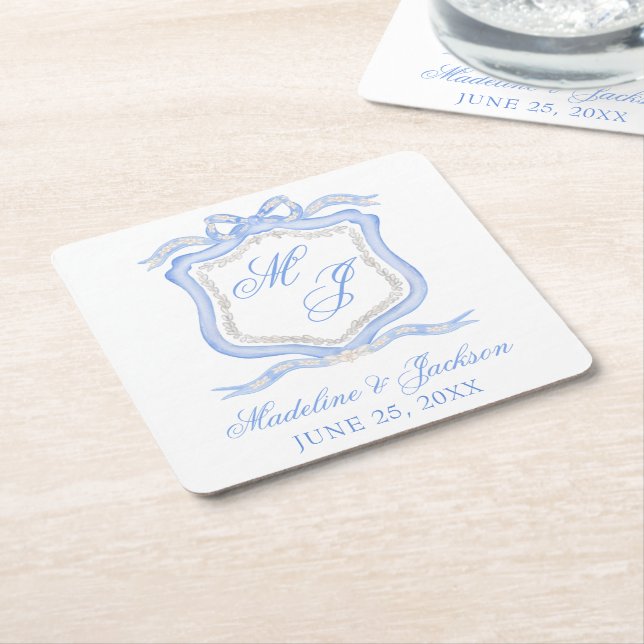 Dessous De Verre Carré Aquarelle Designer Blue Monogram Crest Mariage (Incliné)