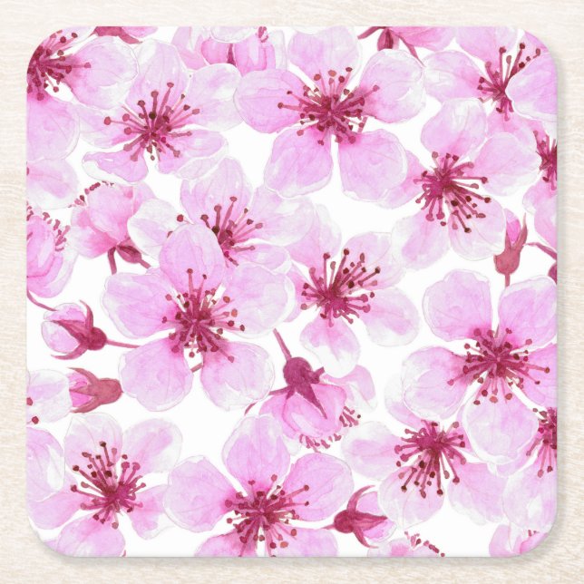 Dessous De Verre Carré Aquarelle en fleurs de cerisier (Devant)
