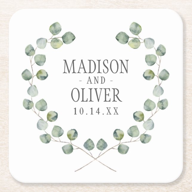 Dessous De Verre Carré Aquarelle Eucalyptus cadre feuille | MARIAGE (Devant)