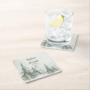 Dessous De Verre Carré Aquarelle Fir Trees Mariage d'hiver