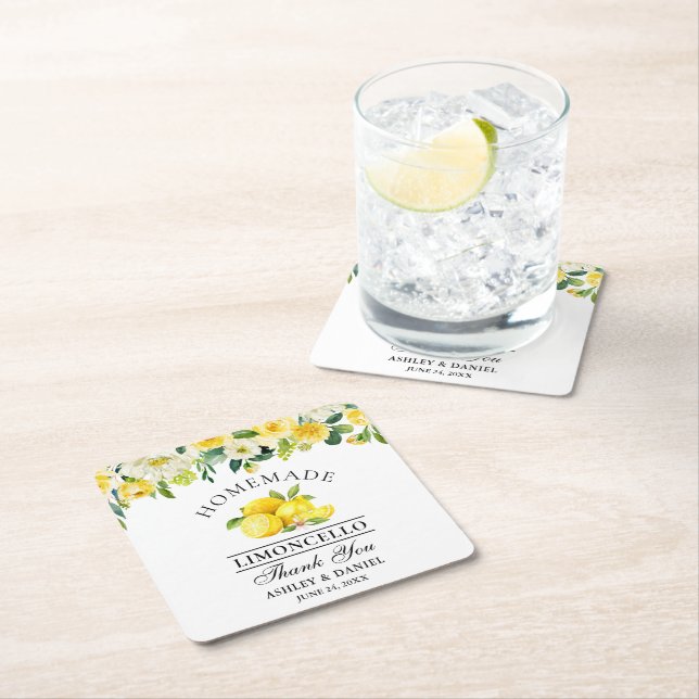 Dessous De Verre Carré Aquarelle Floral Lemons Limoncello Mariage (En situation)