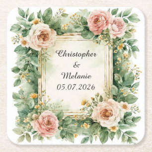Dessous De Verre Carré 🌸 Aquarelle florale nom personnalisé