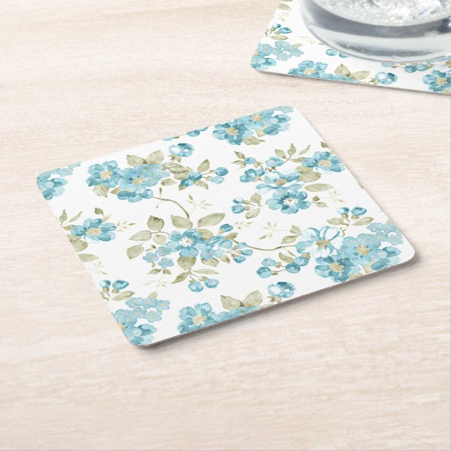 Dessous De Verre Carré Aquarelle Florale Turquoise Vert Olive (Incliné)