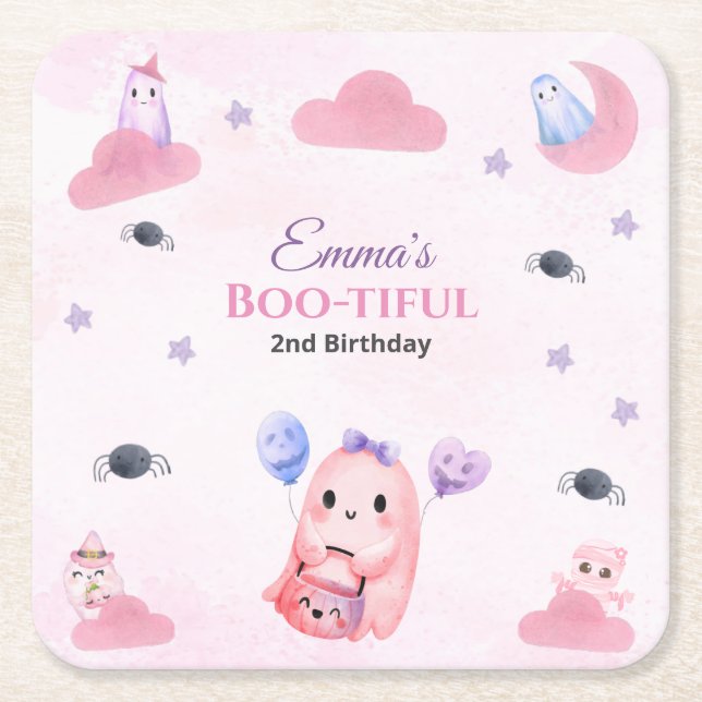 Dessous De Verre Carré Aquarelle Ghost Cute Pastel Halloween Anniversaire (Devant)