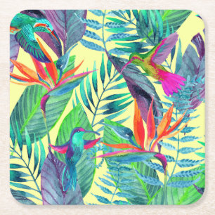 Dessous De Verre Carré Aquarelle Humminbirds dans la jungle 2