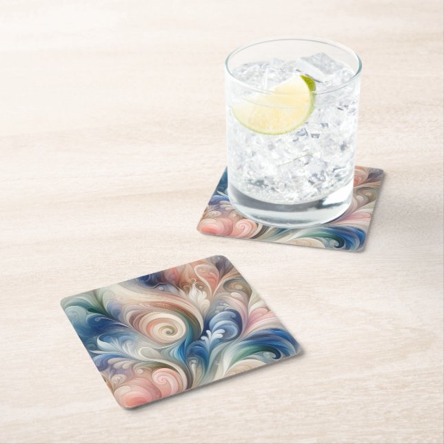 Dessous De Verre Carré Aquarelle Imaginaire Floral Pastel Bleu & Crème (En situation)