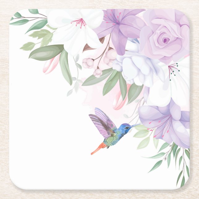 Dessous De Verre Carré Aquarelle Jardin Fleurs Oiseau de colibri (Devant)