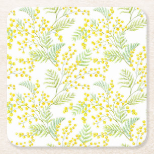 Dessous De Verre Carré Aquarelle Jaune Mimosa Fleurs Motif