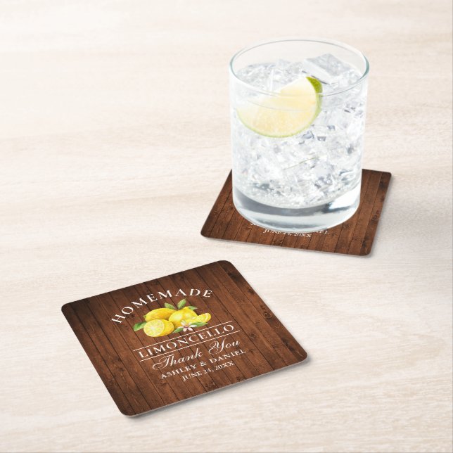 Dessous De Verre Carré Aquarelle Lemons Limoncello Mariage Faux Wood (En situation)