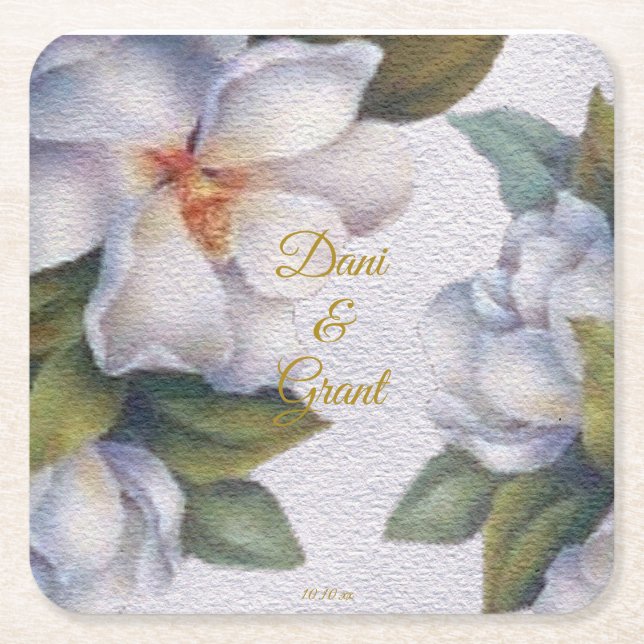 Dessous De Verre Carré Aquarelle Magnolia Gold Script Mariage personnalis (Devant)