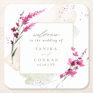 Dessous De Verre Carré Aquarelle Mariage fleur sauvage Bienvenue Fsia ID9