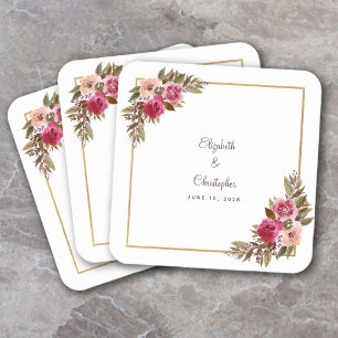 Dessous De Verre Carré Aquarelle Mariage personnalisée Elégant Floral