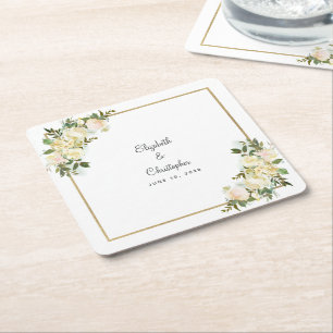 Dessous De Verre Carré Aquarelle Mariage personnalisée Elégant Rose blanc