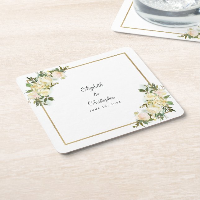 Dessous De Verre Carré Aquarelle Mariage personnalisée Elégant Rose blanc (Incliné)