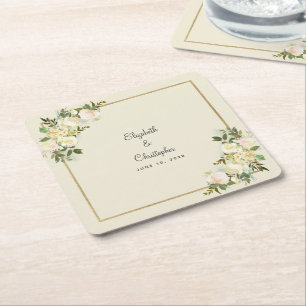 Dessous De Verre Carré Aquarelle Mariage personnalisée   Rose élégant