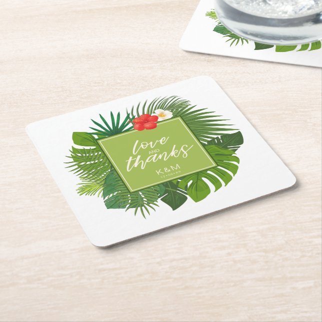 Dessous De Verre Carré Aquarelle Mariage tropical Merci Green ID577 (Incliné)